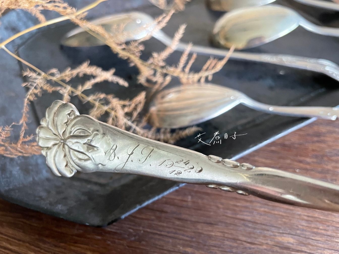 北歐老件|古董銀特殊飾紋20~22.3cm分餐勺:圖片 6