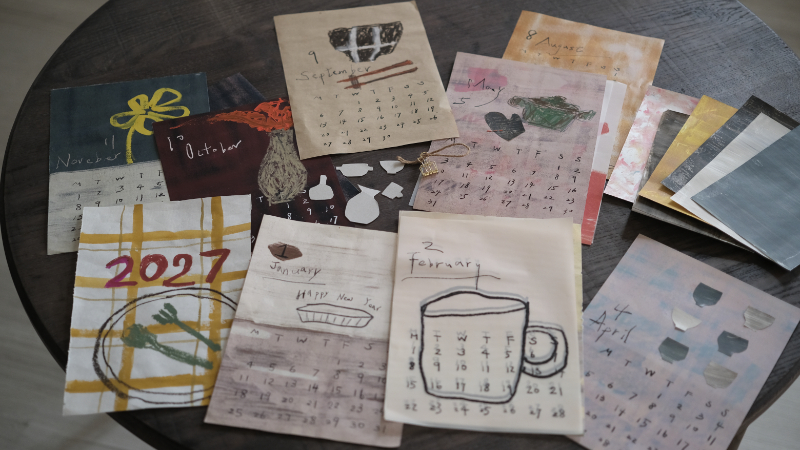 手作成品掛曆,咖啡染紙與手繪細節